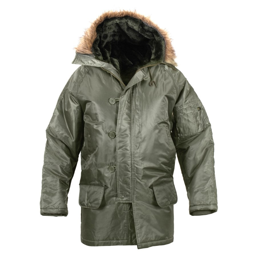 Parka N-3B larga verde en nylon impermeable, vista frontal