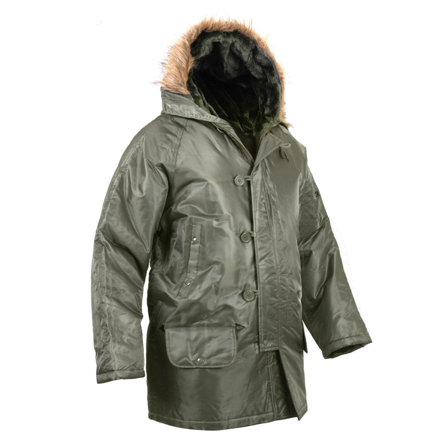 Parka N-3B larga verde en nylon impermeable, vista frontal