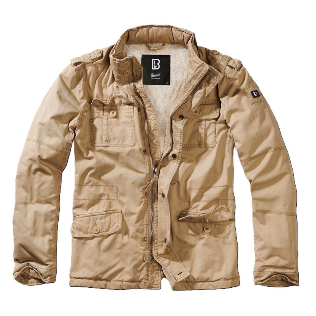 Chaqueta BRITANNIA acolchada color arena con capucha, cuello alto y cuatro bolsillos