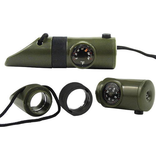 Silbato SURVIVAL 6 en 1 verde con linterna LED, brújula y cordón para colgar