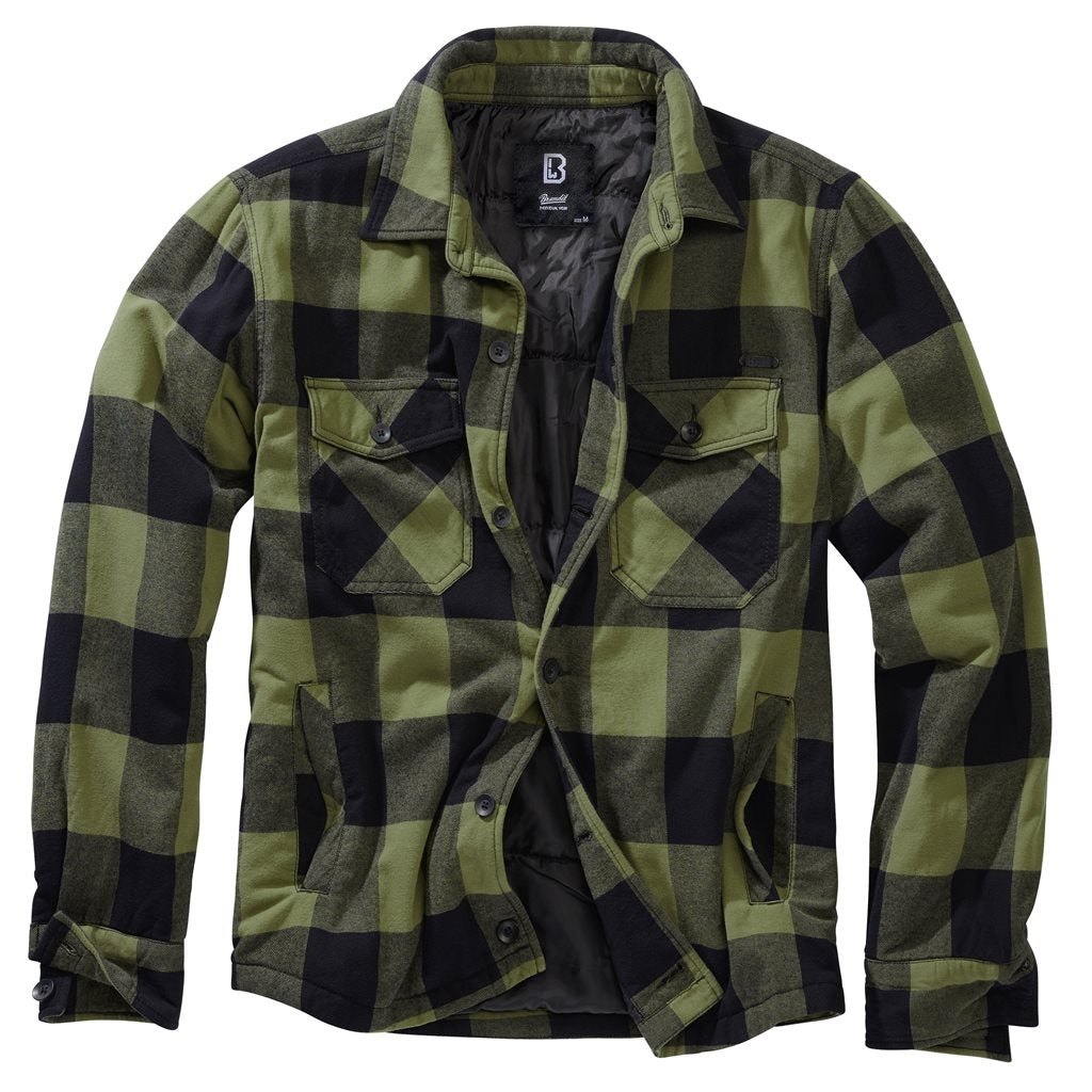 Camisa de franela LUMBERJACKET negra y verde, manga larga y forrada, con múltiples bolsillos, Brandit
