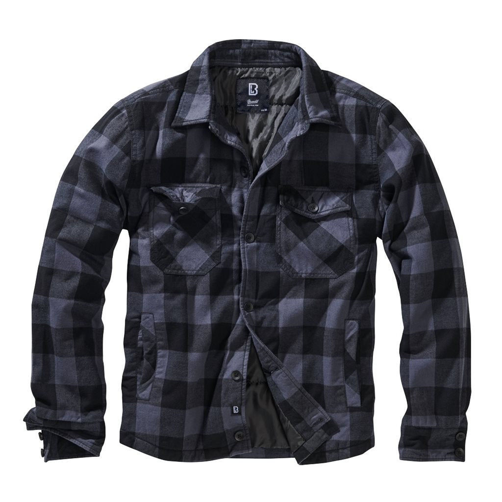 Camisa LUMBERJACKET de franela negra y gris acolchada con varios bolsillos y cuello mao