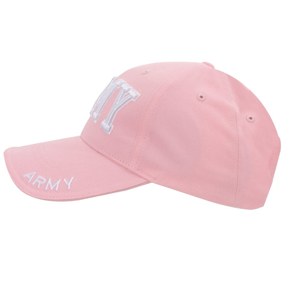 Gorra DELUXE ARMY rosa perfil bajo con texto blanco, mujer, ajuste regulable, 100% algodon sarga cepillada
