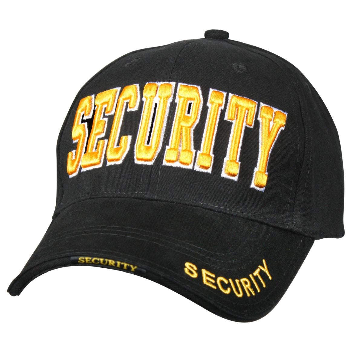 Gorra DELUXE SECURITY negra con inscripción amarilla bordada, cierre velcro y ala superpuesta