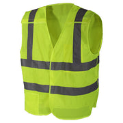 Chaleco de seguridad amarillo con bandas reflectantes de 5 cm en cintura, pecho y hombros; cierre de velcro ajustable
