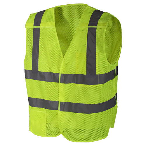Chaleco de seguridad amarillo con bandas reflectantes de 5 cm en cintura, pecho y hombros; cierre de velcro ajustable
