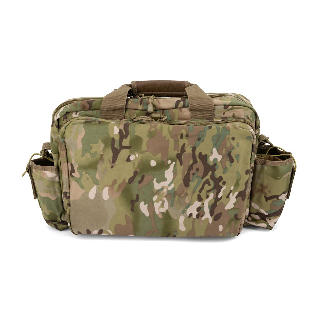 Bolsa bandolera UNIVERS MULTICAMO en patrón multicamo, vista frontal con correa y solapa, para documentos y portátil