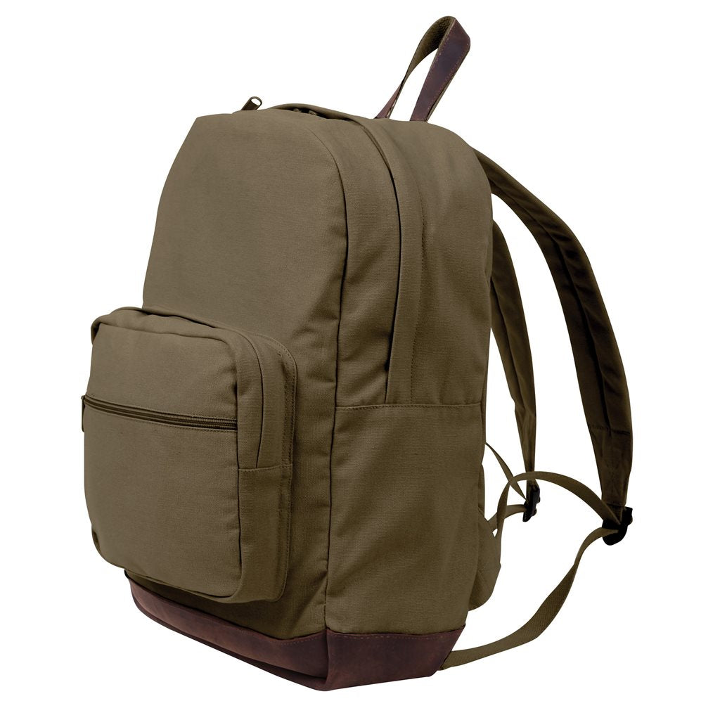 Mochila vintage verde tipo teardrop con detalles en cuero y lona de algodón