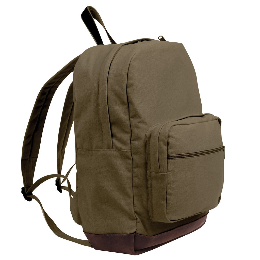 Mochila vintage verde tipo teardrop con detalles en cuero y lona de algodón