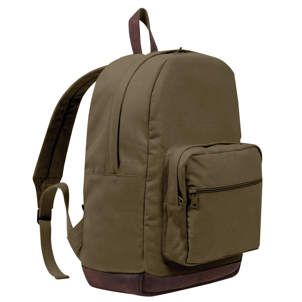 Mochila vintage verde tipo teardrop con detalles en cuero y lona de algodón