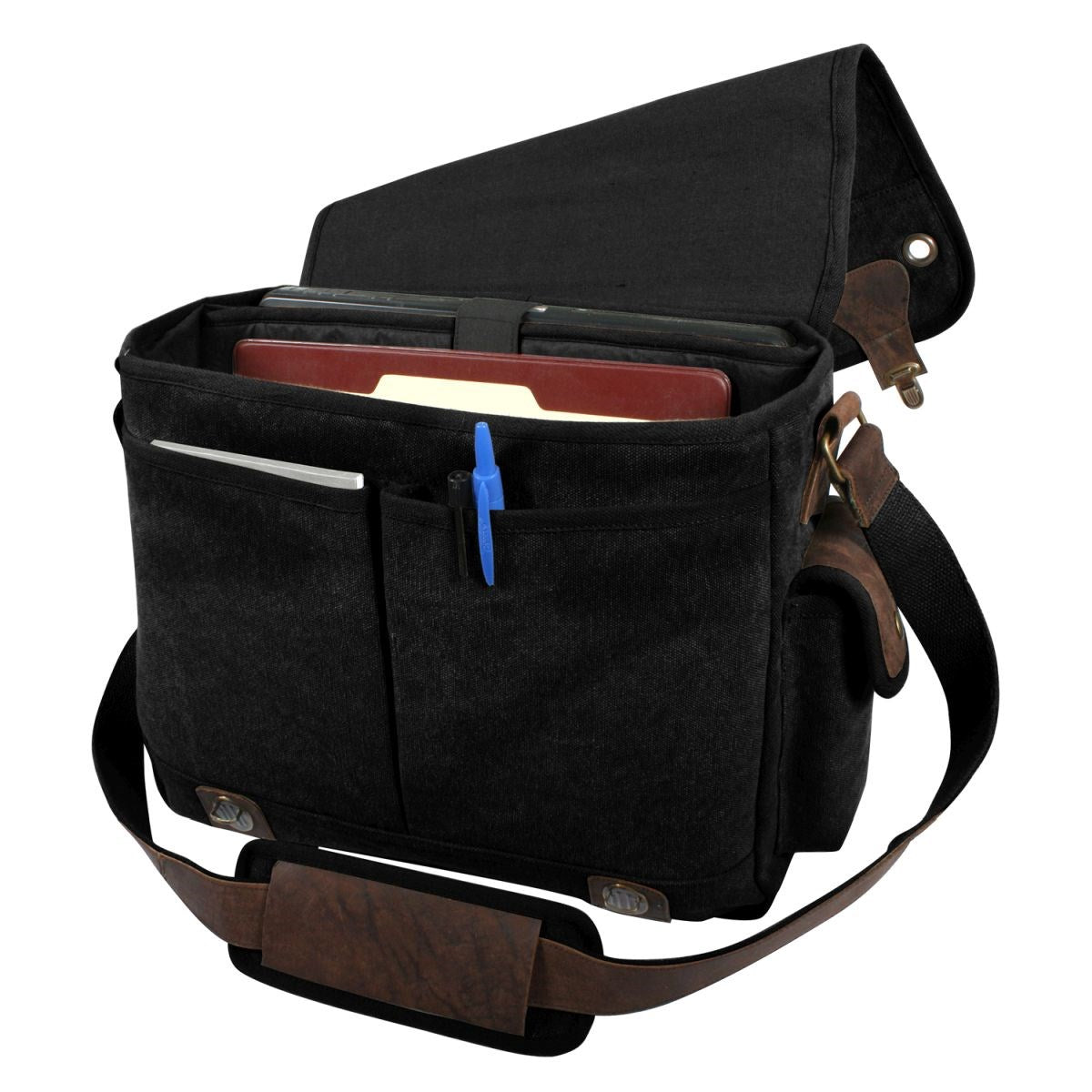 Bandolera Trailblazer Rothco negra en algodón con detalles en cuero y herrajes de latón, 38 x 28 x 13 cm