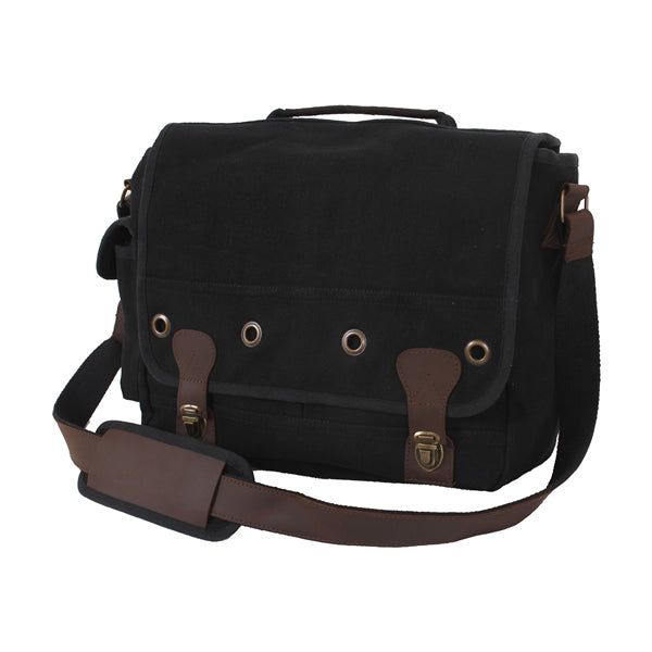 Bandolera Trailblazer Rothco negra en algodón con detalles en cuero y herrajes de latón, 38 x 28 x 13 cm