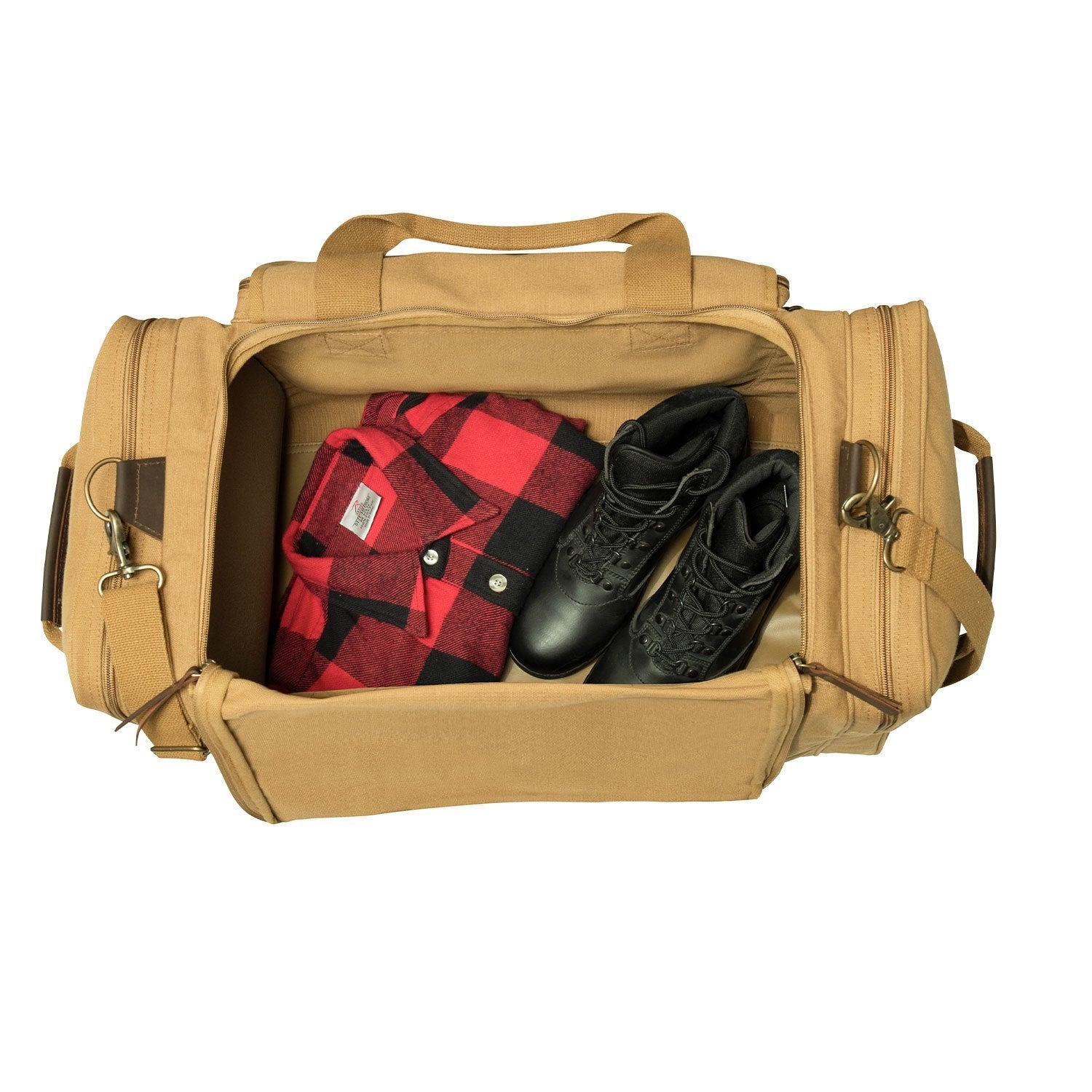 Bolsa WEEKEND coyote de lona 100% algodón con correa desmontable y bolsillos con cremallera