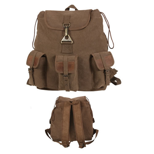 Mochila Vintage Wayfarer marrón en lona con base de cuero y tres bolsillos frontales