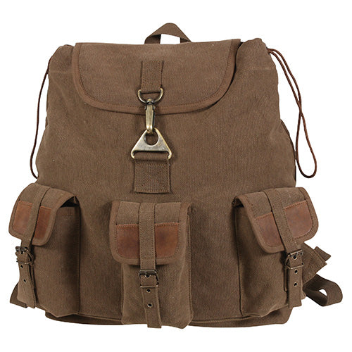 Mochila Vintage Wayfarer marrón en lona con base de cuero y tres bolsillos frontales