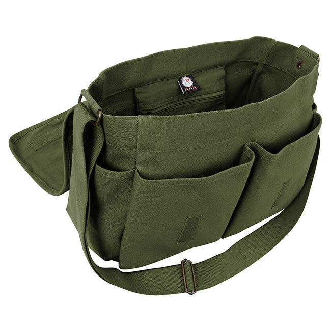 Bolsa bandolera AIR CORP verde de lona, 2 bolsillos frontales, 2 laterales, correa ajustable 130 cm, 37x27x15 cm