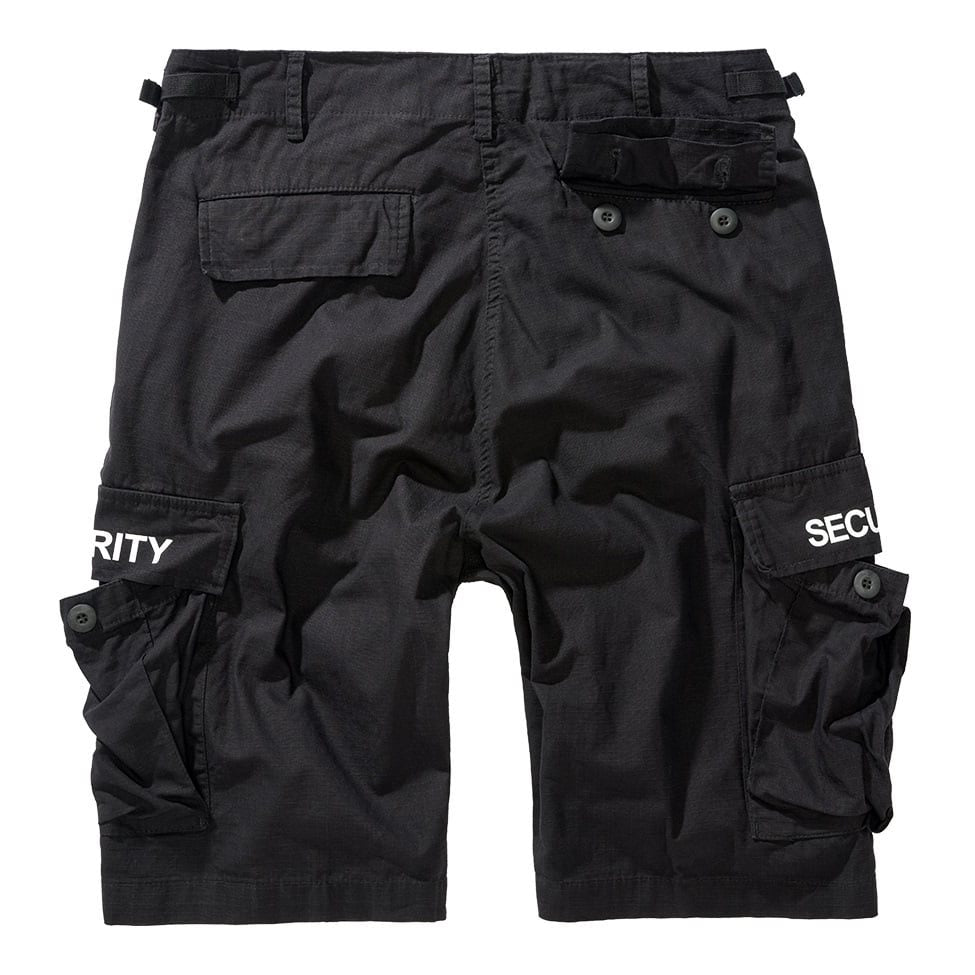 Pantalones cortos BDU negros con texto SECURITY y seis bolsillos, rip-stop algodon
