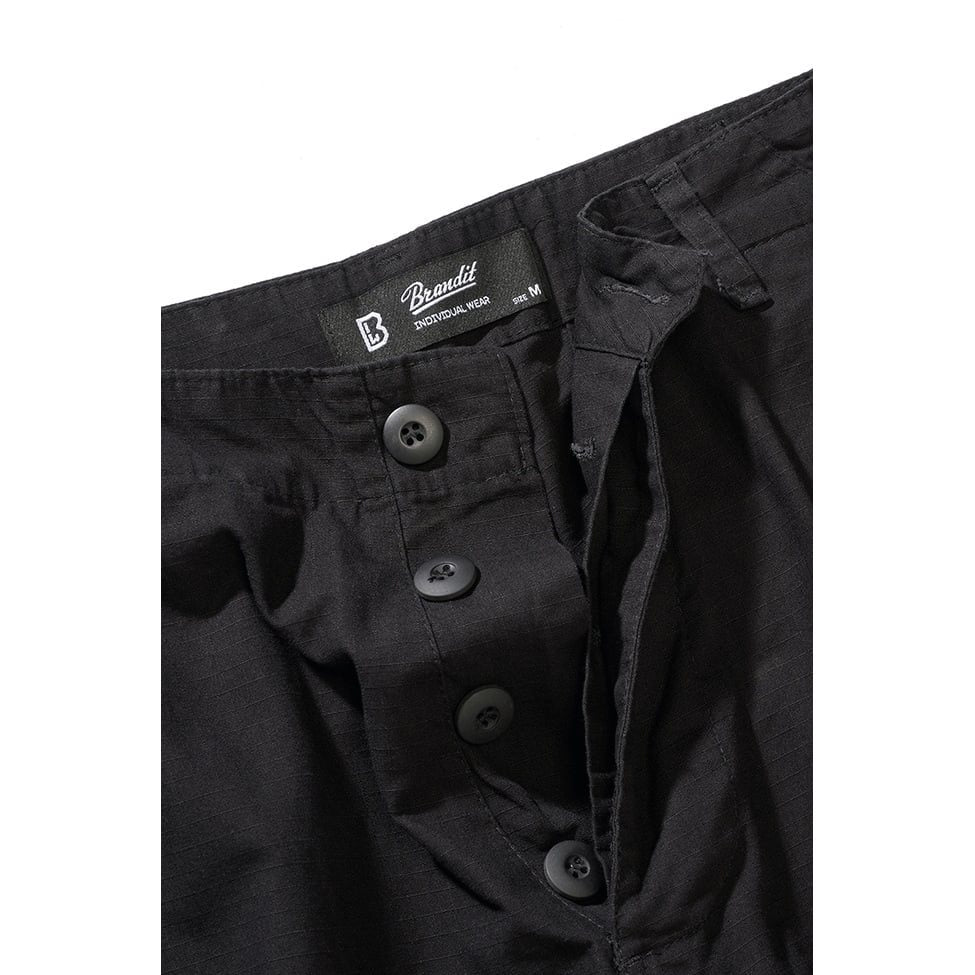 Pantalones cortos BDU negros con texto SECURITY y seis bolsillos, rip-stop algodon