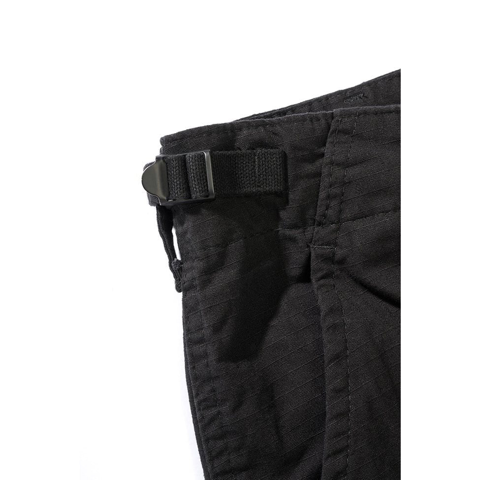 Pantalones cortos BDU negros con texto SECURITY y seis bolsillos, rip-stop algodon