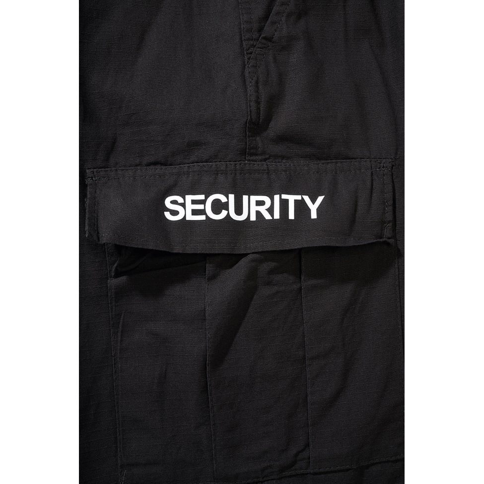 Pantalones cortos BDU negros con texto SECURITY y seis bolsillos, rip-stop algodon