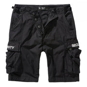 Pantalones cortos BDU negros con texto SECURITY y seis bolsillos, rip-stop algodon