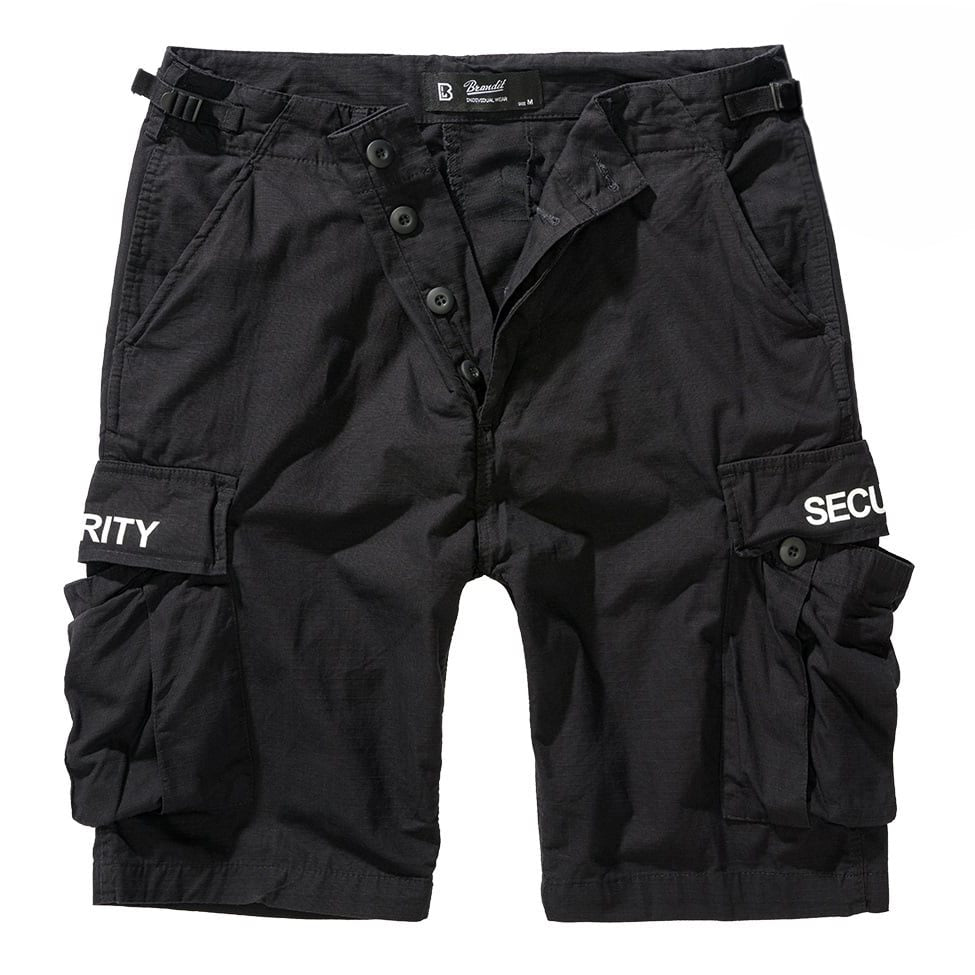 Pantalones cortos BDU negros con texto SECURITY y seis bolsillos, rip-stop algodon