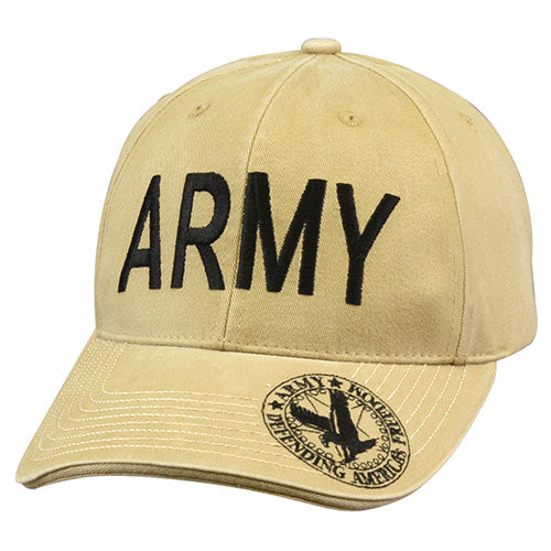 Gorra baseball kaki con gran inscripción negra ARMY y logo en panel frontal, ajustable, 100% algodón