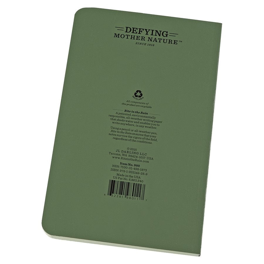 Bloc impermeable TACTICAL Field Book verde, 160 páginas, tapas resistentes