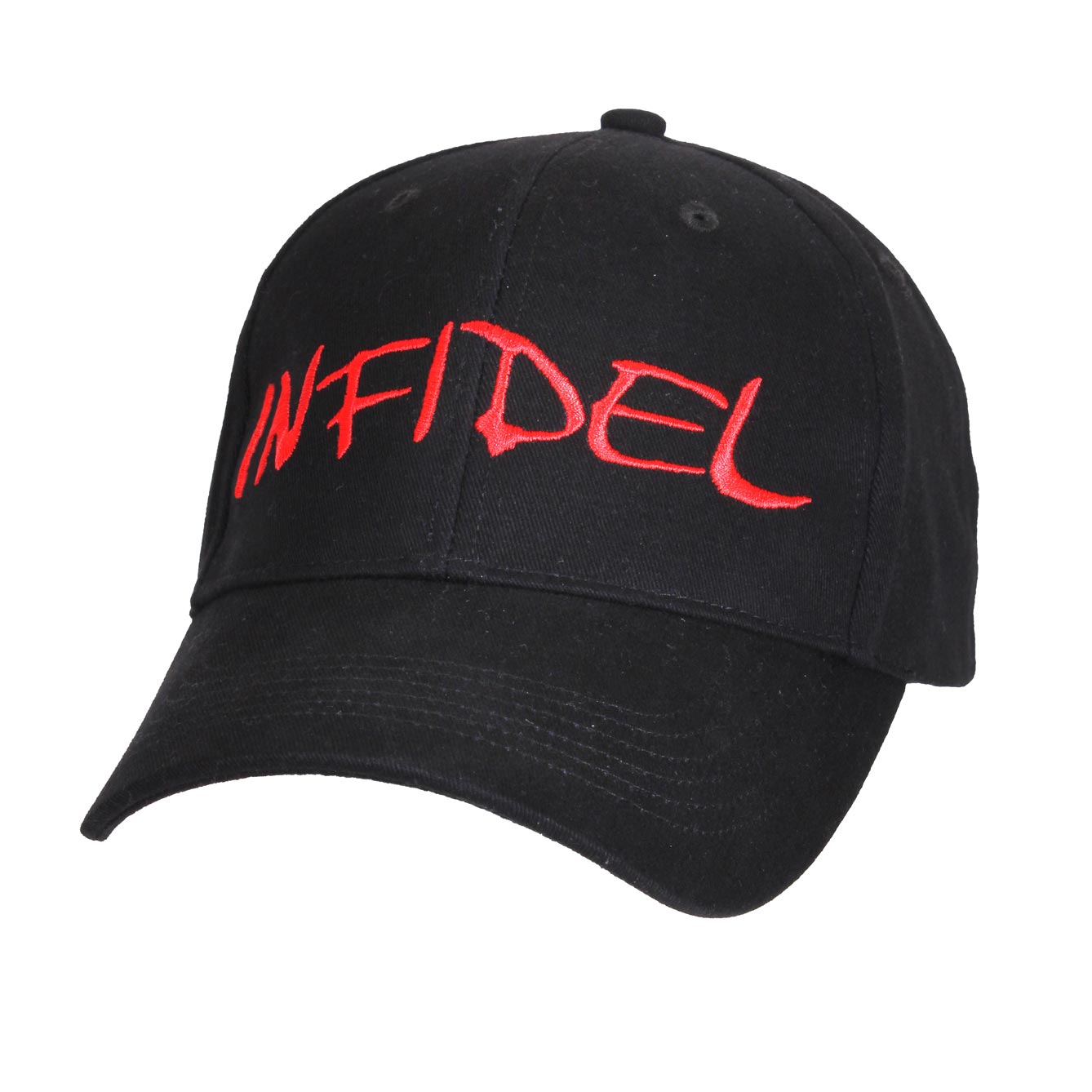 Gorra de béisbol negra con bordado rojo «INFIDEL»