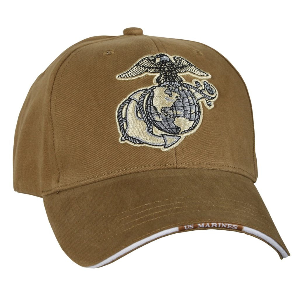 Gorra baseball USMC Globe & Anchor color coyote, perfil bajo con bordado frontal y banda de sudor suave