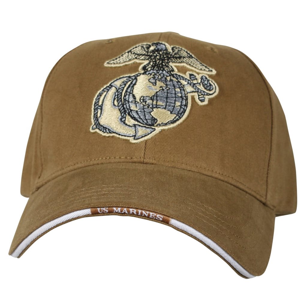 Gorra baseball USMC Globe & Anchor color coyote, perfil bajo con bordado frontal y banda de sudor suave