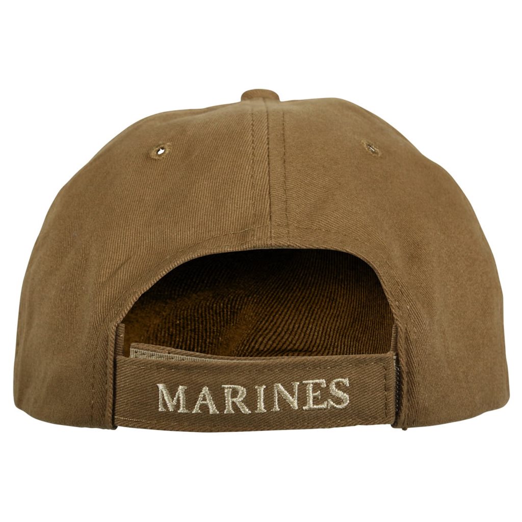Gorra baseball USMC Globe & Anchor color coyote, perfil bajo con bordado frontal y banda de sudor suave