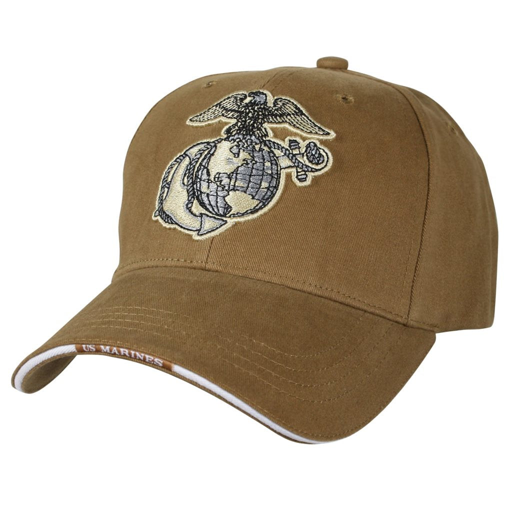 Gorra baseball USMC Globe & Anchor color coyote, perfil bajo con bordado frontal y banda de sudor suave