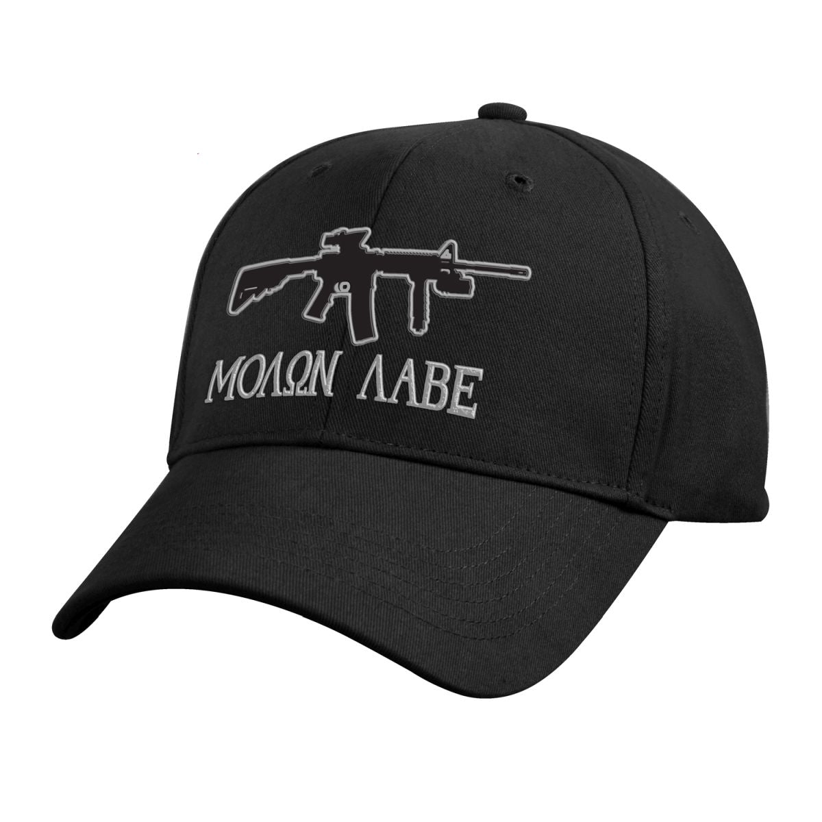 Gorra DELUXE MOLON LABE negra con bordado de fusil y texto plateado