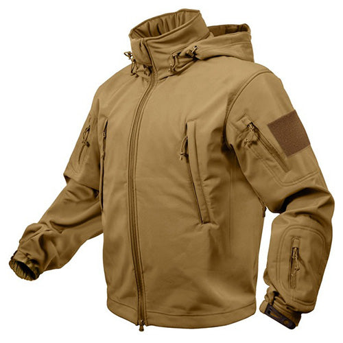 Chaqueta Tactical Softshell Coyote con capucha, tejido transpirable de tres capas