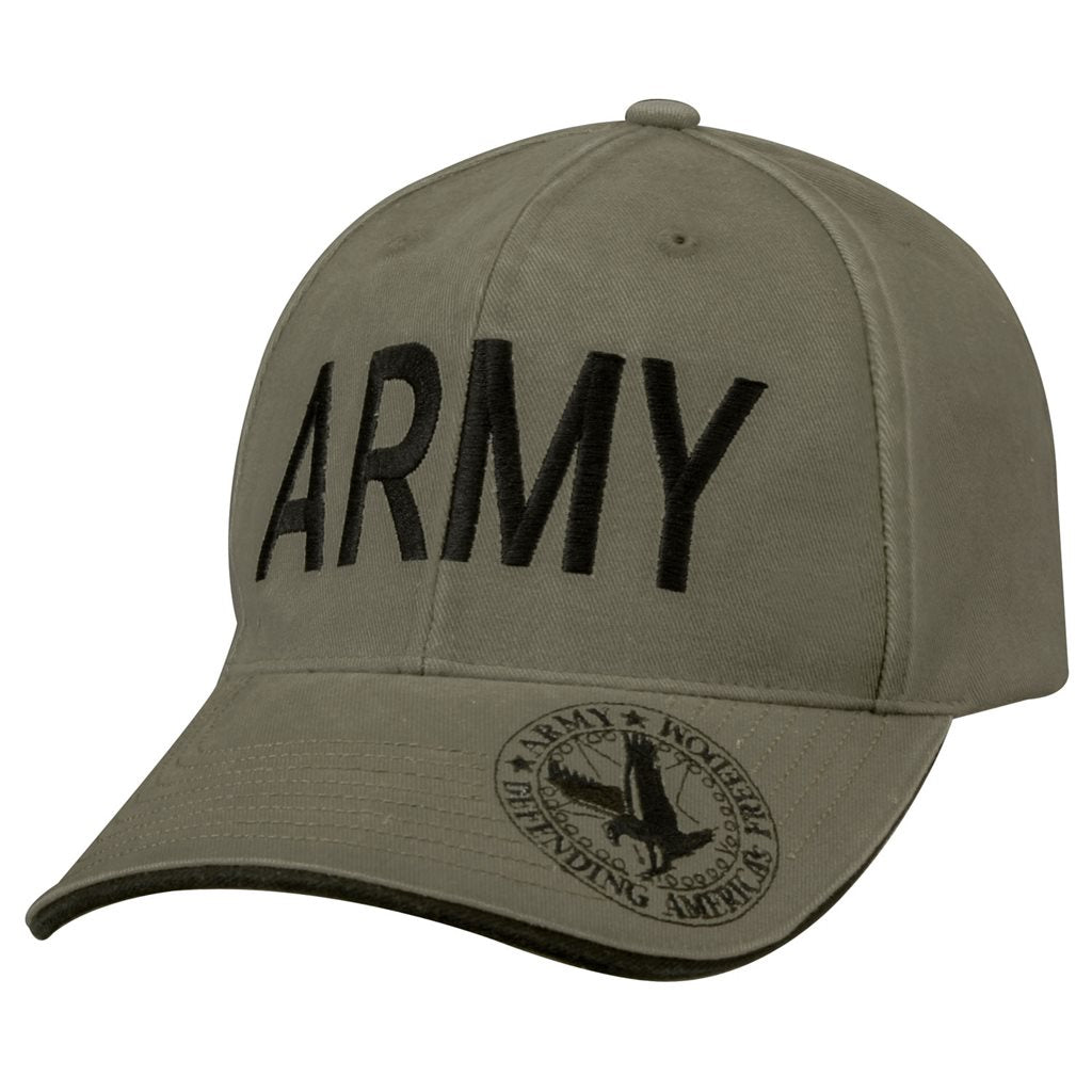 Gorra de béisbol verde con inscripción ARMY en negro y logo en el panel frontal, ajustable.