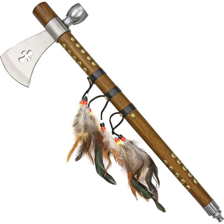 Tomahawk decorativo estilo indígena con cuentas, flecos de cuero y plumas CN210956