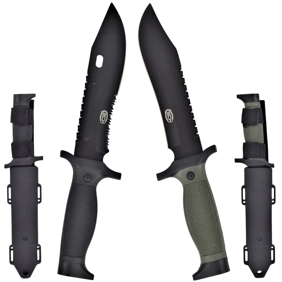 Cuchillo de Caza con Hoja Negra y Mango Engomado – Verde Oliva o Negro