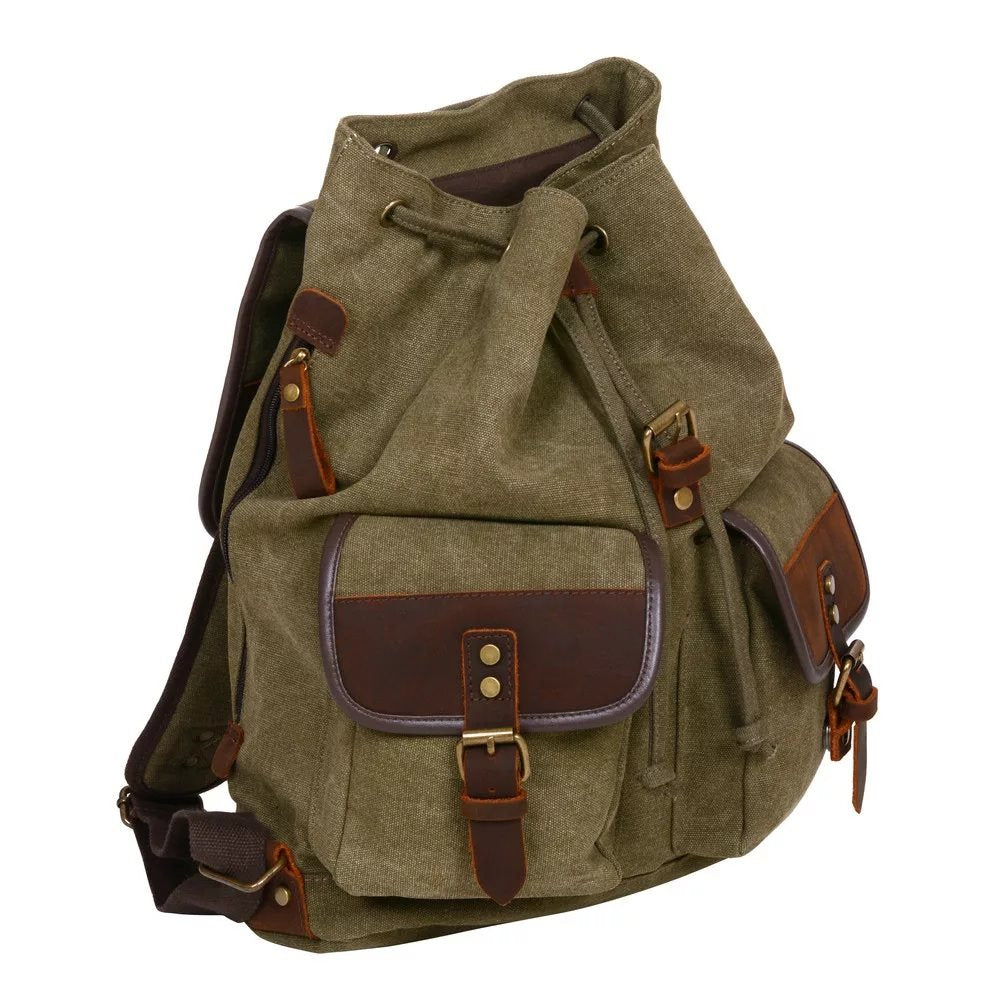 Mochila AIHKI verde con accesorios de cuero y dos bolsillos frontales