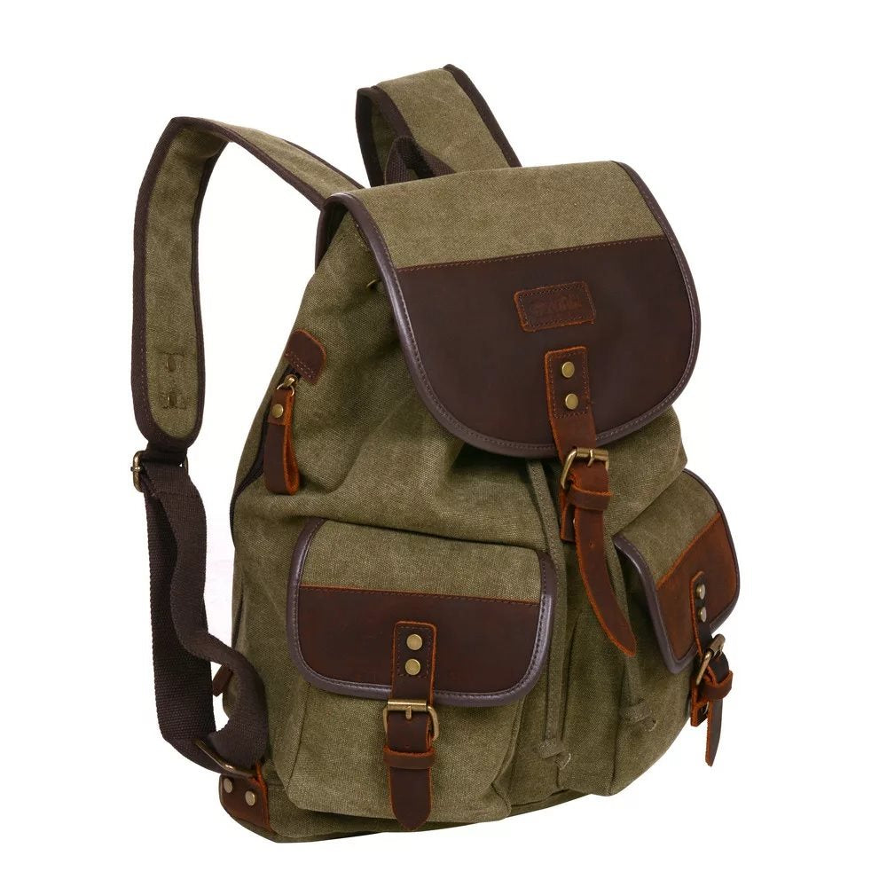 Mochila AIHKI verde con accesorios de cuero y dos bolsillos frontales