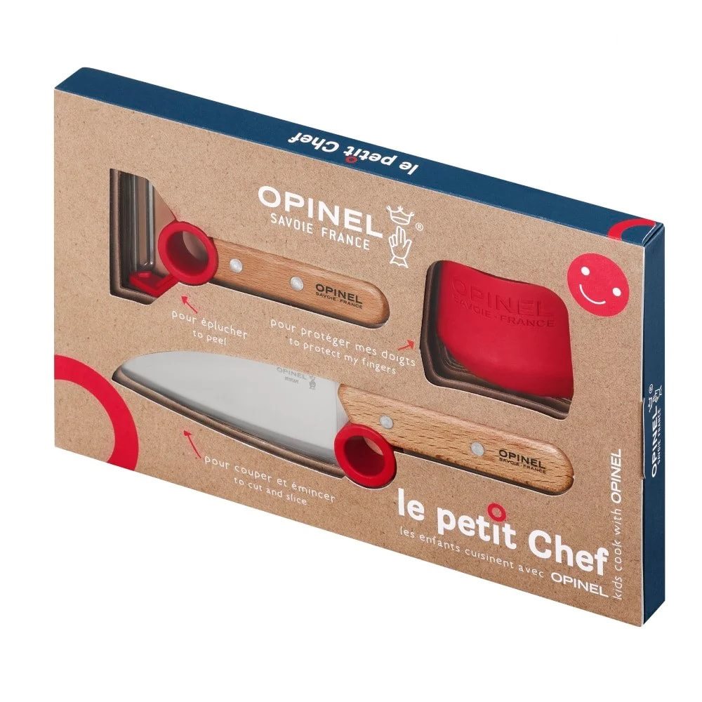 Set de cocina infantil Opinel rojo con cuchillo, pelador y protector de dedos