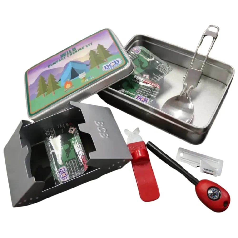 Set WILD para cocinar en caja de acero inoxidable con hornillo plegable y utensilios