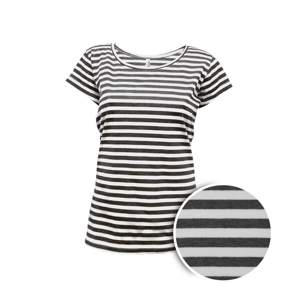 Camiseta mujer rayas negro y blanco, manga corta, cuello blanco, 60% algodon 40% poliester