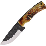 Cuchillo HUNTER de hoja fija con acabado negro, mango de asta y funda de cuero