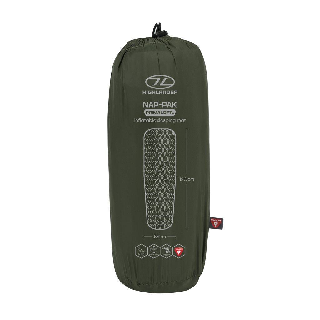 Colchoneta hinchable NAP-PAK PRIMALOFT verde HIGHLANDER, ultraligera, nylon rip-stop con recubrimiento TPU