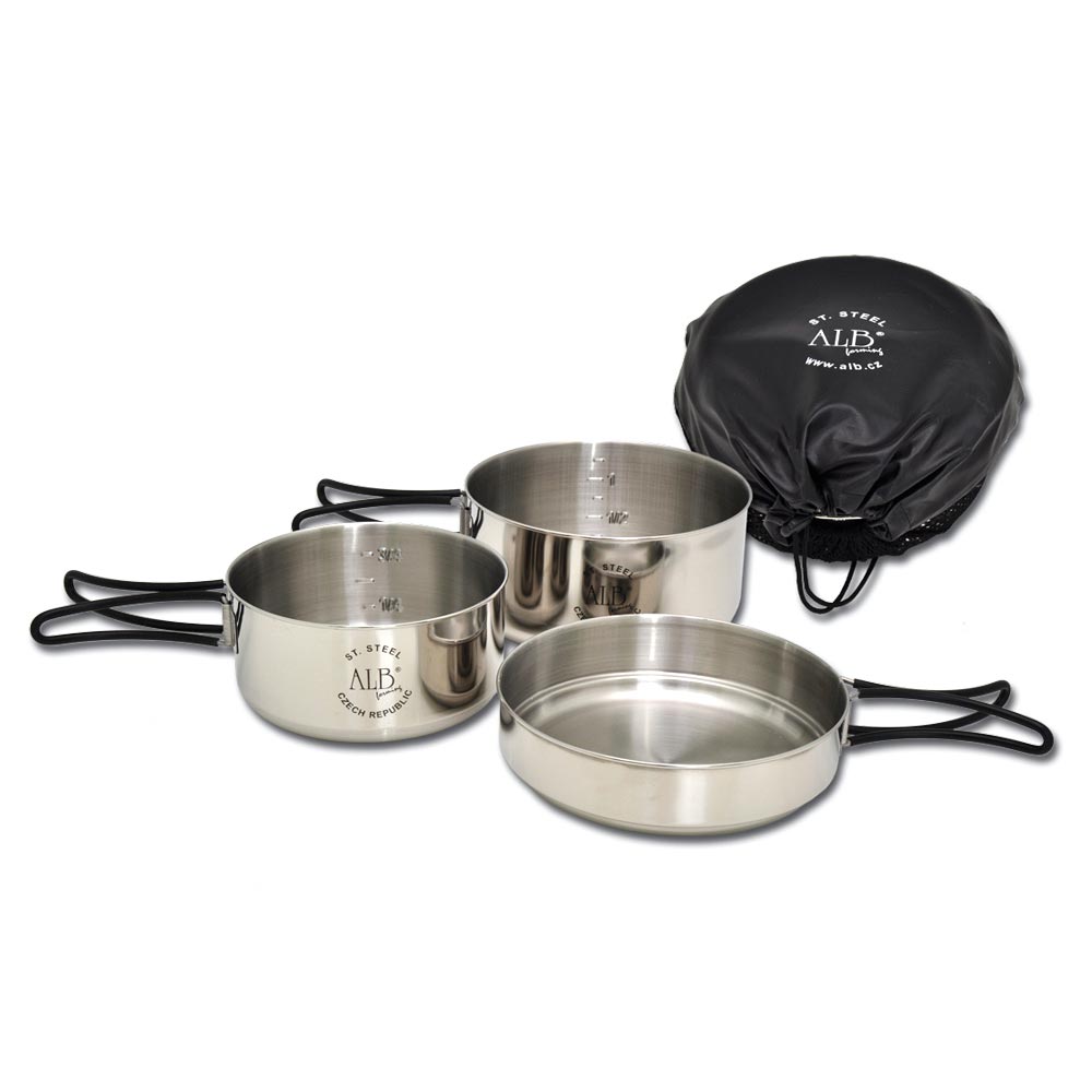 Menaje de campamento MAKALU 3 piezas acero inoxidable CrNi 18/10 con estuche, exterior pulido e interior cepillado