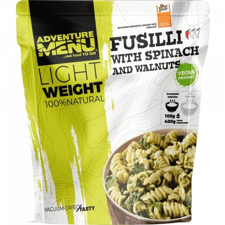 Fusilli con espinacas, chile y nueces, comida deshidratada AM210