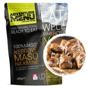 Lata de carne de cerdo en su propio jugo con comino, ADM, comida esterilizada lista para consumir.