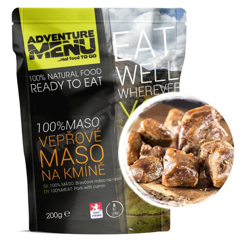 Lata de carne de cerdo en su propio jugo con comino, ADM, comida esterilizada lista para consumir.
