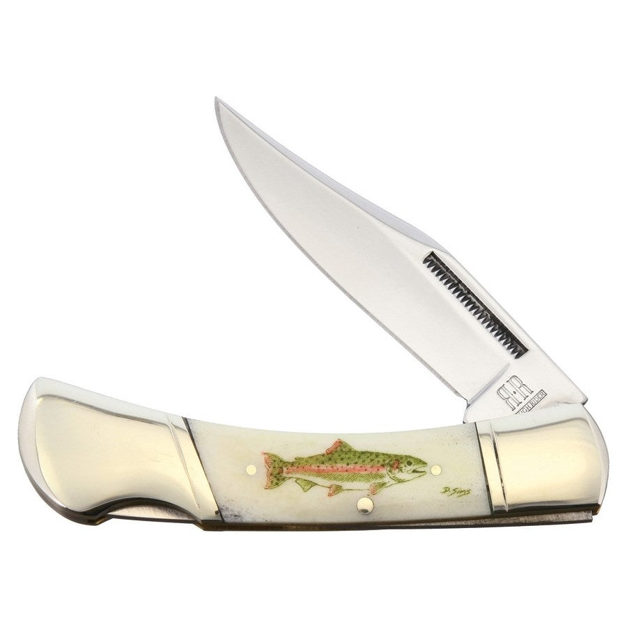 Navaja plegable SALMON con hoja brillante y mango de hueso decorado
